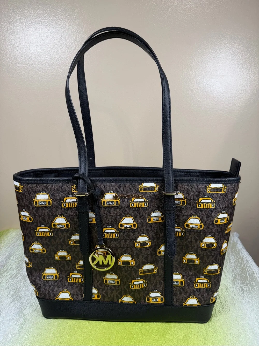 Michael Kors Brown Monogram Tote with Yellow Taxi Print and Black Trim